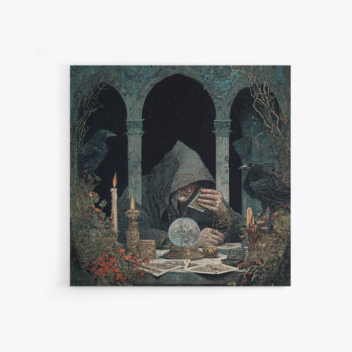 The Midnight Fortune Teller, Symbolist Etching Art, Square Wall Art, Dark Halloween Decor, Framed Canvas Print, Halloween Wall Art