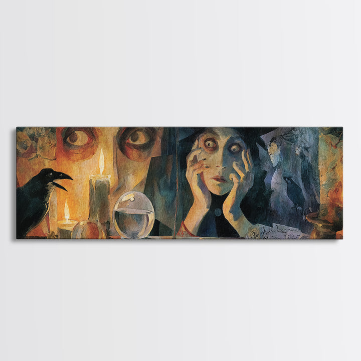 The Midnight Fortune Teller, Expressionist Gothic Art, Extra Wide Wall Art, Macabre Wall Art, Canvas Print, Halloween Wall Art