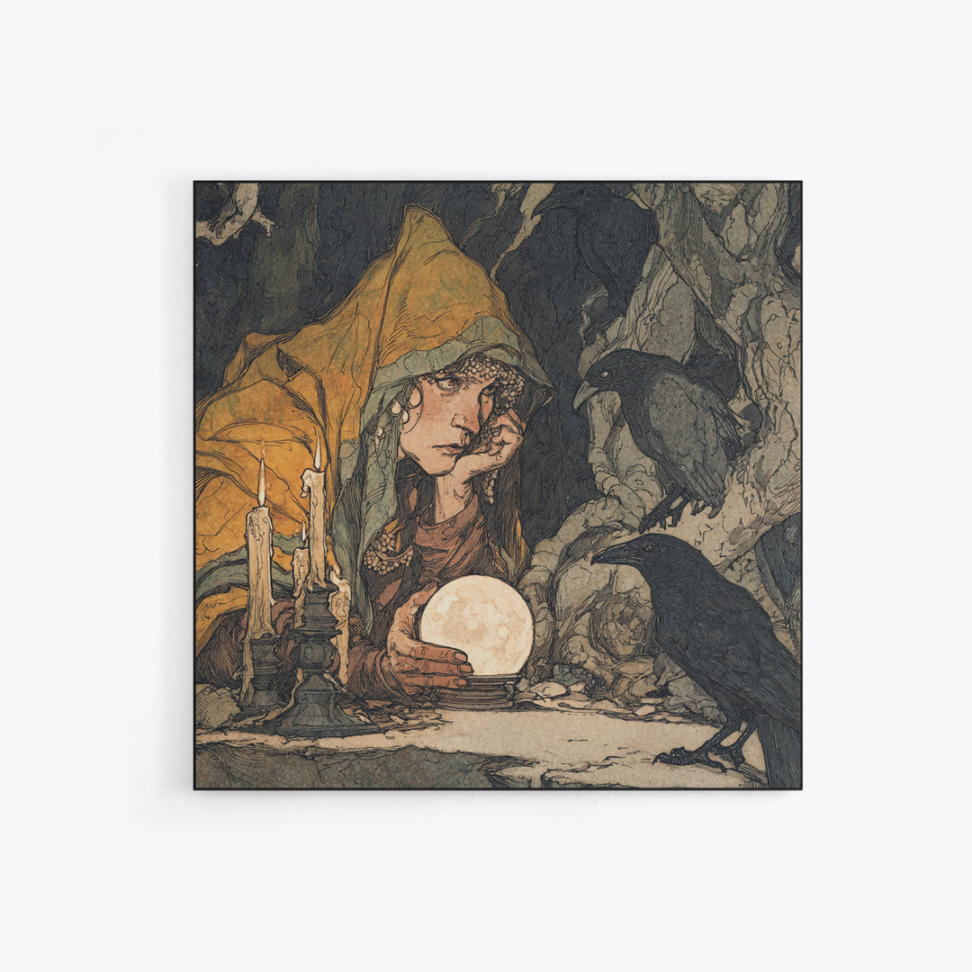 The Midnight Fortune Teller, Gothic Storybook Art, Square Wall Art, Dark Fantasy Wall Art, Framed Canvas Print, Halloween Wall Art