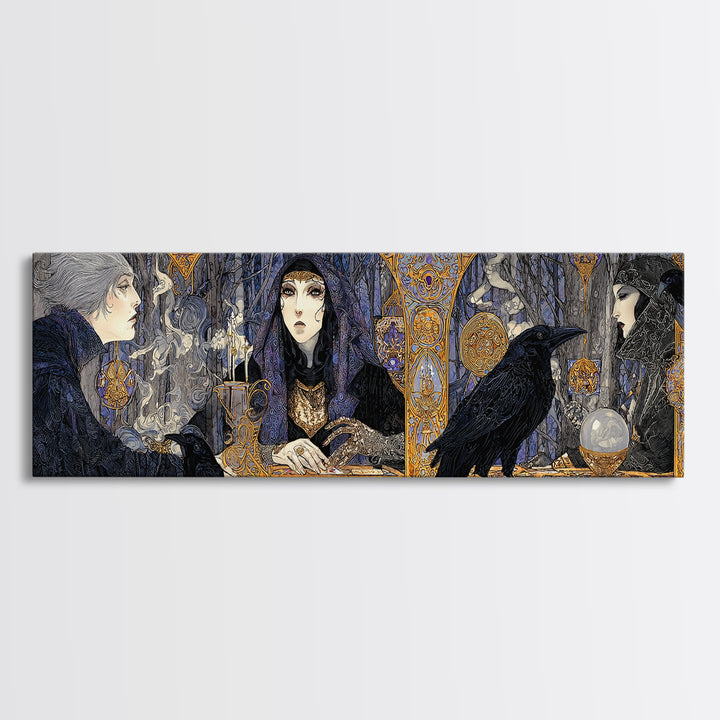 The Midnight Fortune Teller, Stained Glass Gothic Art, Extra Wide Wall Art, Dark Halloween Decor, Canvas Print, Halloween Wall Art