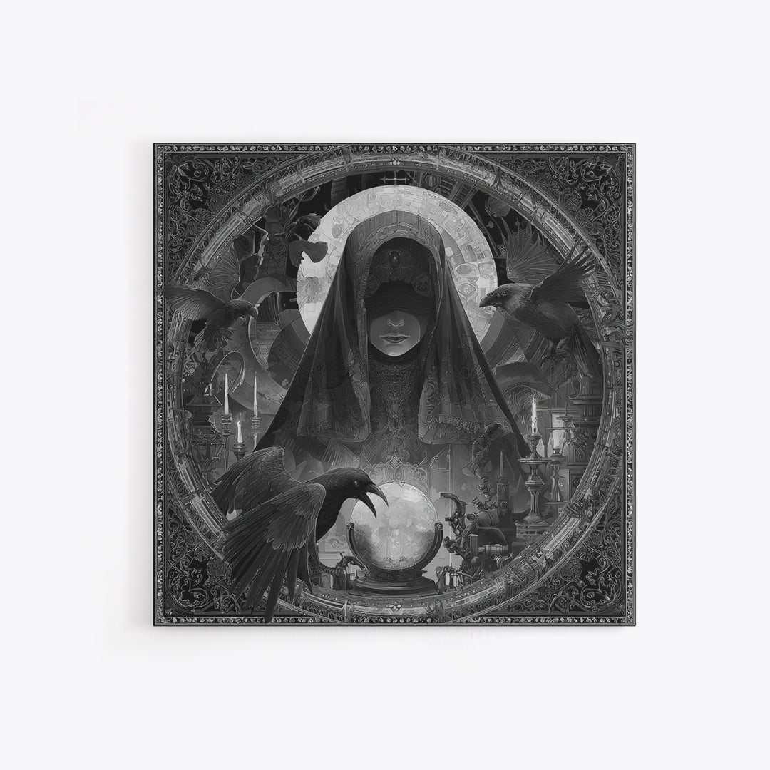 The Midnight Fortune Teller, Biomechanical Horror Art, Square Wall Art, Dark Halloween Decor, Canvas Print, Halloween Wall Art
