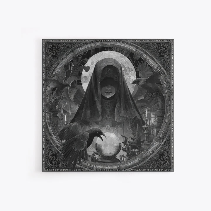 The Midnight Fortune Teller, Biomechanical Horror Art, Square Wall Art, Dark Halloween Decor, Canvas Print, Halloween Wall Art