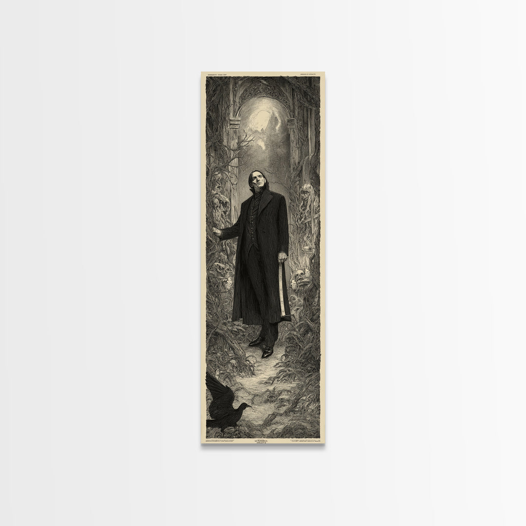 The Sinister Undertaker, Gothic Engraving Art, Tall Narrow Wall Art, Dark Fantasy Wall Art, Framed Canvas Print, Halloween Wall Art