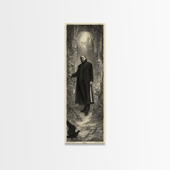 The Sinister Undertaker, Gothic Engraving Art, Tall Narrow Wall Art, Dark Fantasy Wall Art, Framed Canvas Print, Halloween Wall Art