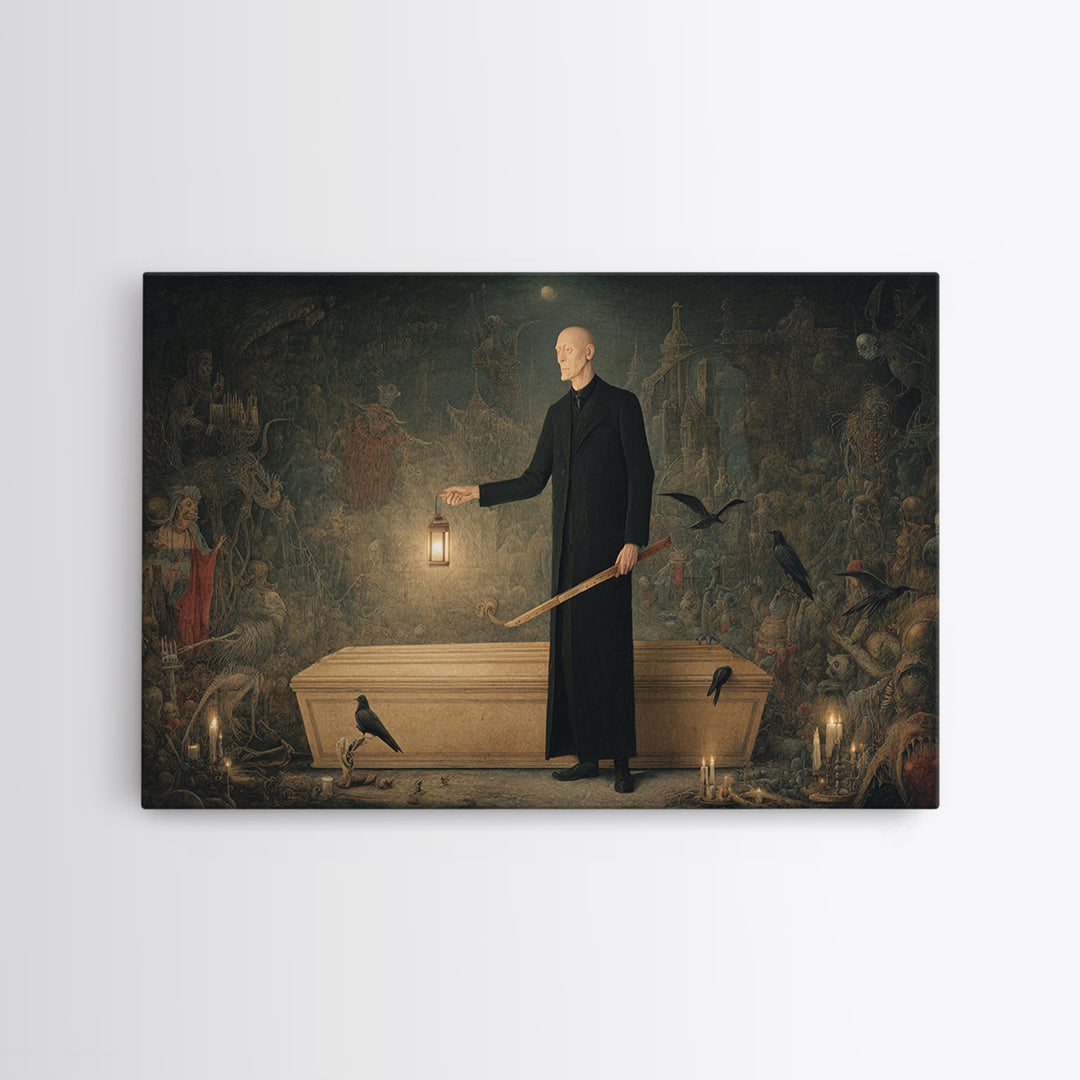 The Sinister Undertaker, Medieval Grotesque Art, Landscape Wall Art, Gothic Horror Wall Art, Framed Canvas Print, Halloween Wall Art
