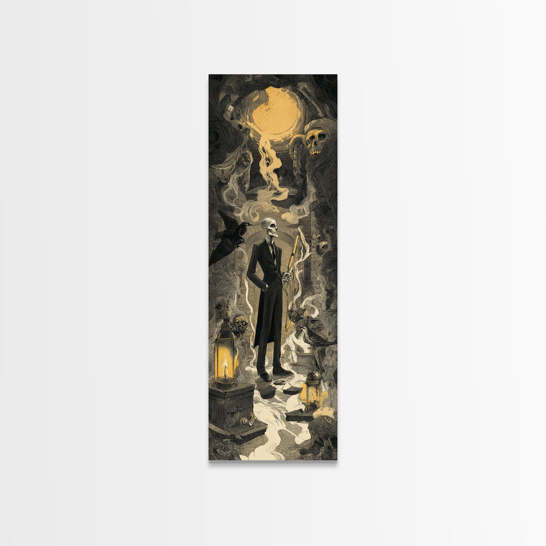 The Sinister Undertaker, Architectural Etching Art, Tall Narrow Wall Art, Dark Halloween Decor, Canvas Print, Dark Fantasy Art