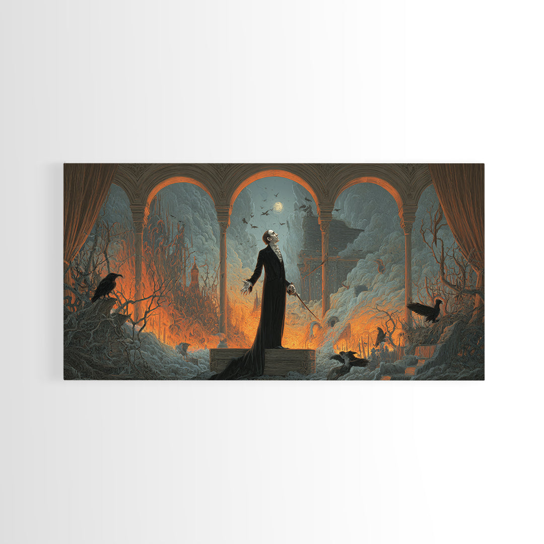 The Sinister Undertaker, Apocalyptic Romantic Art, Wide Panoramic Art, Dark Halloween Decor, Canvas Print, Halloween Wall Art