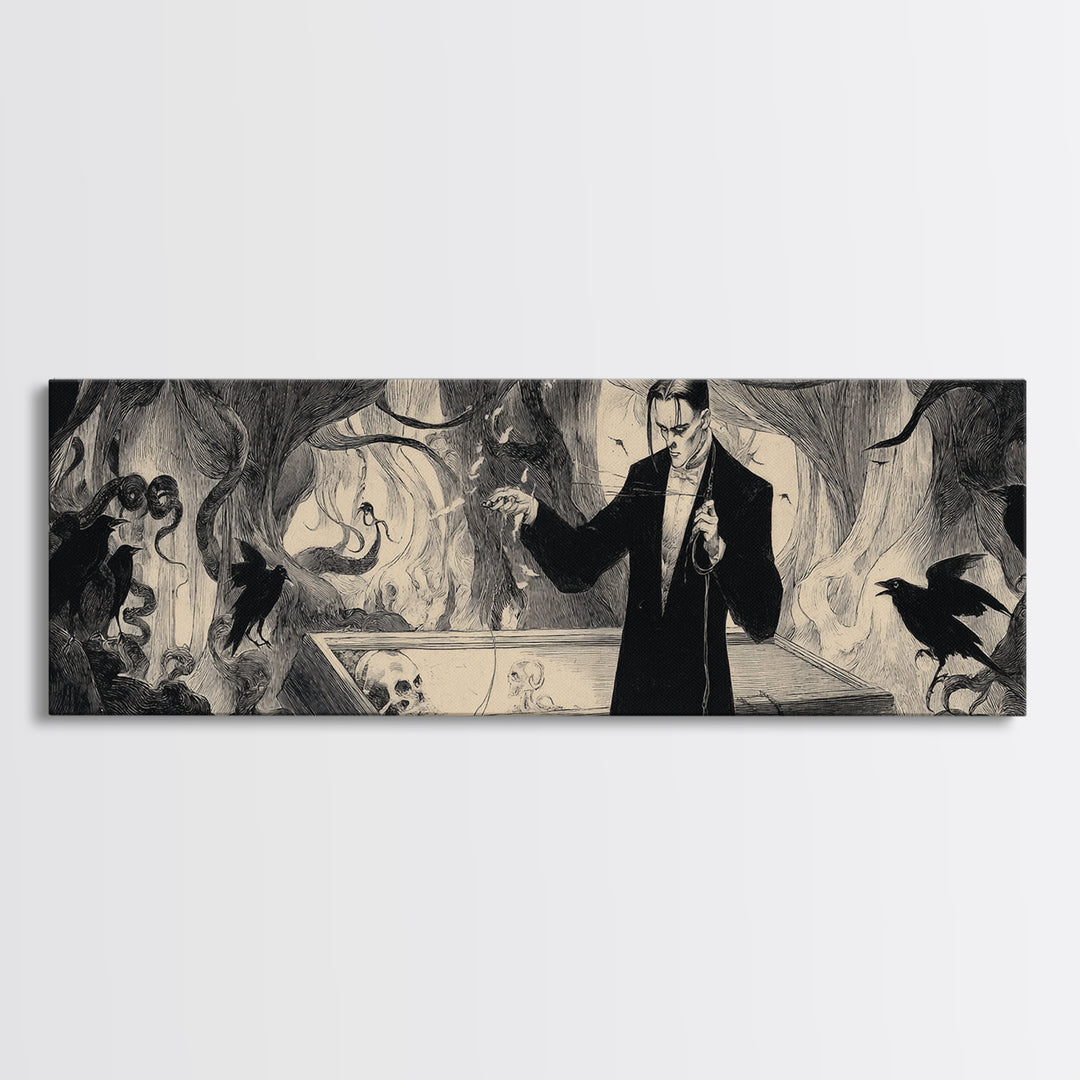 The Sinister Undertaker, Dark Symbolist Art, Extra Wide Wall Art, Dark Halloween Decor, Canvas Print, Halloween Wall Art
