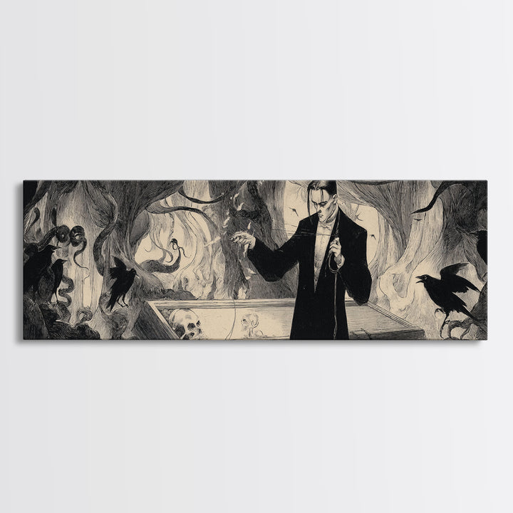 The Sinister Undertaker, Dark Symbolist Art, Extra Wide Wall Art, Dark Halloween Decor, Canvas Print, Halloween Wall Art