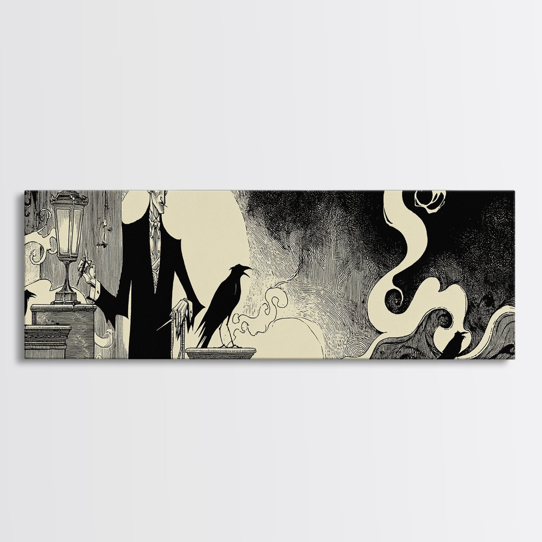 The Sinister Undertaker, Decadent Line Art, Extra Wide Wall Art, Dark Halloween Decor, Canvas Print, Halloween Wall Art