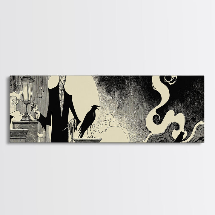 The Sinister Undertaker, Decadent Line Art, Extra Wide Wall Art, Dark Halloween Decor, Canvas Print, Halloween Wall Art