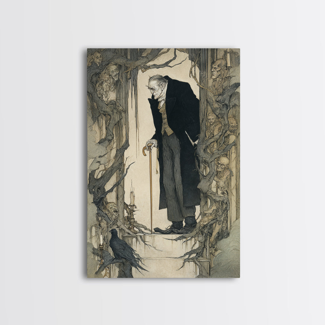 The Sinister Undertaker, Gothic Storybook Art, Vertical Wall Art, Gothic Horror Wall Art, Framed Canvas Print, Halloween Wall Art