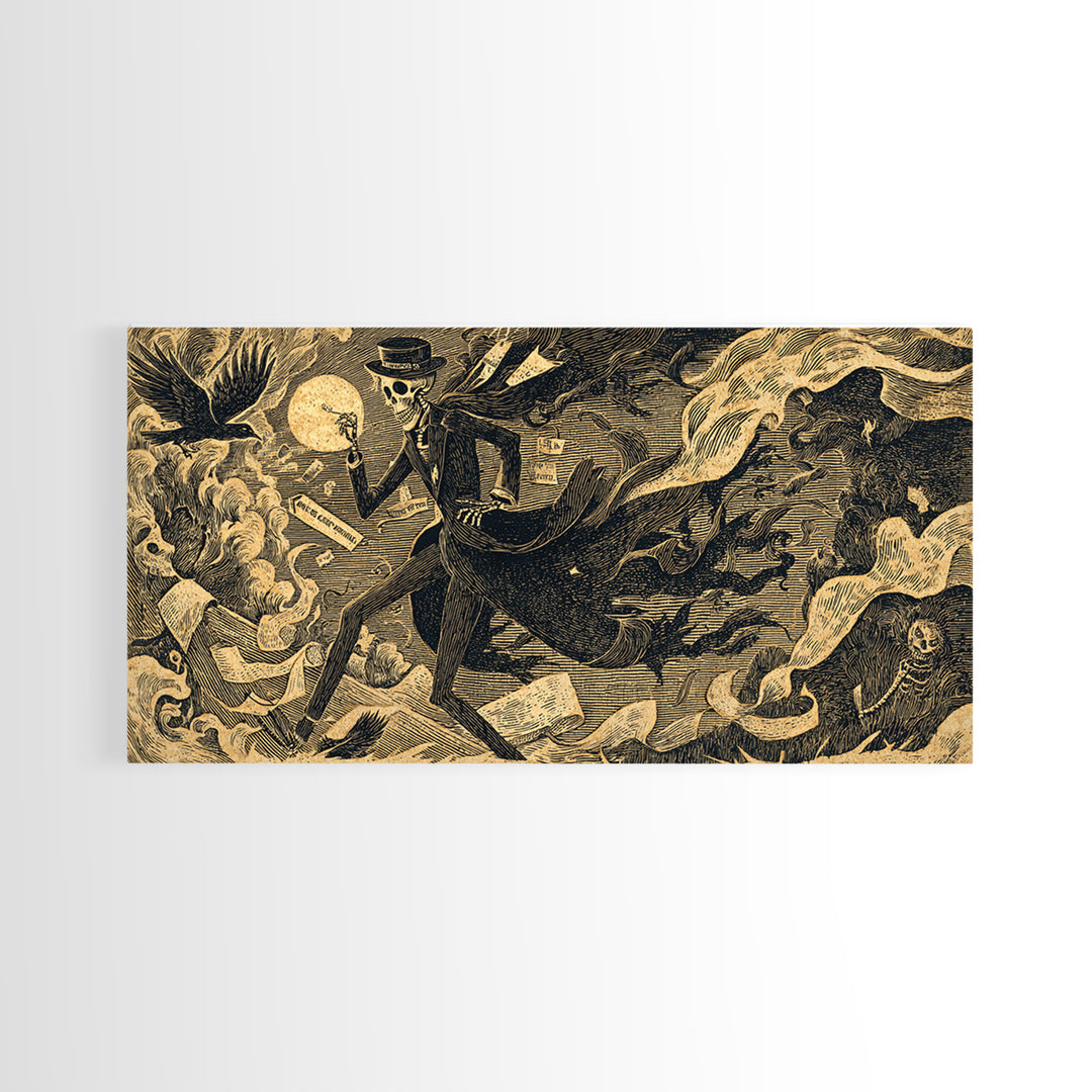 The Sinister Undertaker, Macabre Folk Print Art, Wide Panoramic Art, Dark Fantasy Wall Art, Canvas Print, Halloween Wall Art