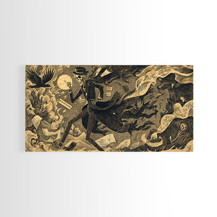 The Sinister Undertaker, Macabre Folk Print Art, Wide Panoramic Art, Dark Fantasy Wall Art, Canvas Print, Halloween Wall Art