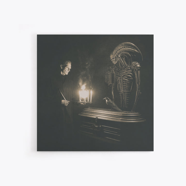 The Sinister Undertaker, Biomechanical Horror Art, Square Wall Art, Dark Fantasy Wall Art, Framed Canvas Print, Halloween Wall Art