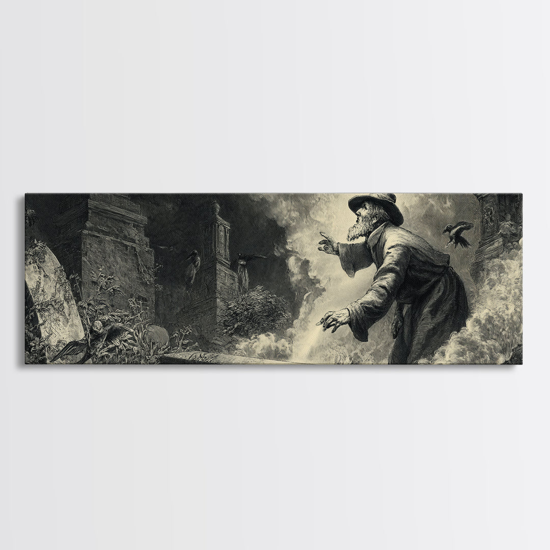 The Lantern Gravedigger, Gothic Engraving Art, Extra Wide Wall Art, Dark Fantasy Wall Art, Canvas Print, Halloween Wall Art