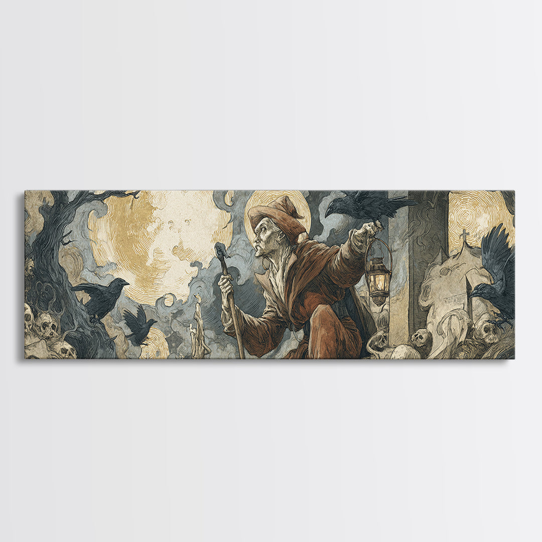 The Lantern Gravedigger, Dark Renaissance Art, Extra Wide Wall Art, Macabre Wall Art, Framed Canvas Print, Halloween Wall Art