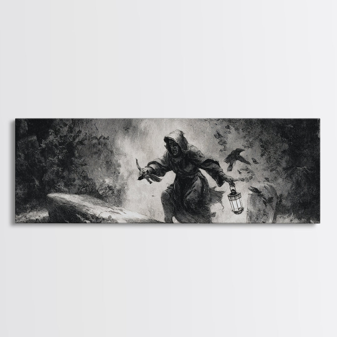 The Lantern Gravedigger, Dark Romantic Horror Art, Extra Wide Wall Art, Dark Fantasy Wall Art, Framed Canvas Print, Halloween Wall Art