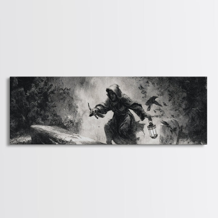 The Lantern Gravedigger, Dark Romantic Horror Art, Extra Wide Wall Art, Dark Fantasy Wall Art, Framed Canvas Print, Halloween Wall Art