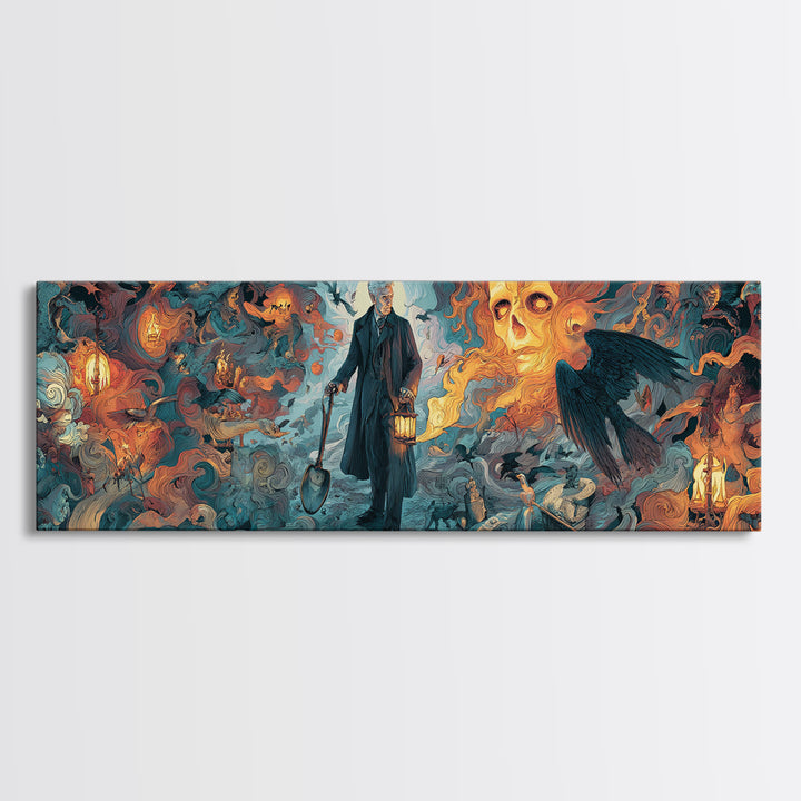 The Lantern Gravedigger, Visionary Gothic Art, Extra Wide Wall Art, Gothic Horror Wall Art, Framed Canvas Print, Halloween Wall Art