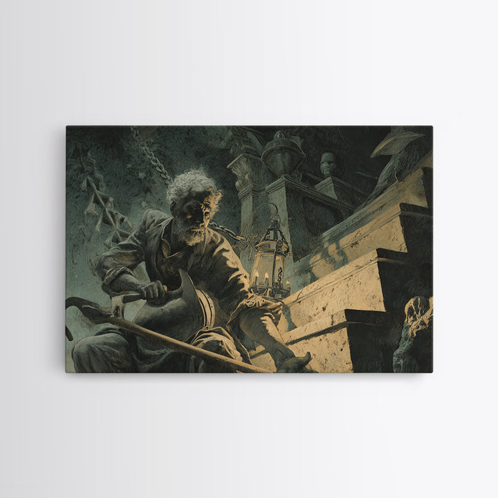 The Lantern Gravedigger, Architectural Etching Art, Landscape Wall Art, Gothic Horror Wall Art, Canvas Print, Macabre Wall Art