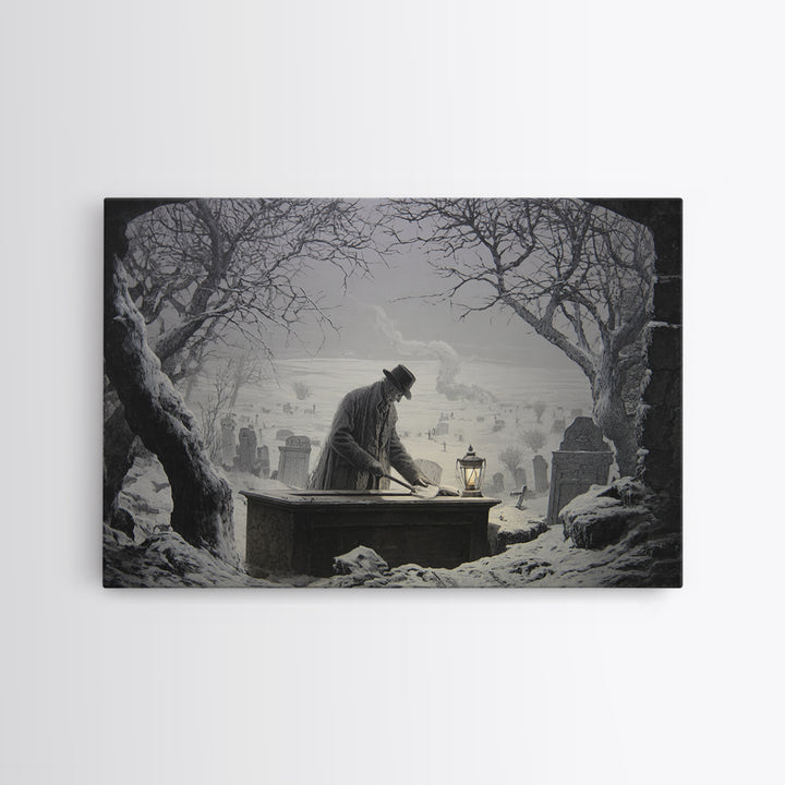 The Lantern Gravedigger, Romantic Gothic Landscape, Landscape Wall Art, Macabre Wall Art, Canvas Print, Halloween Wall Art