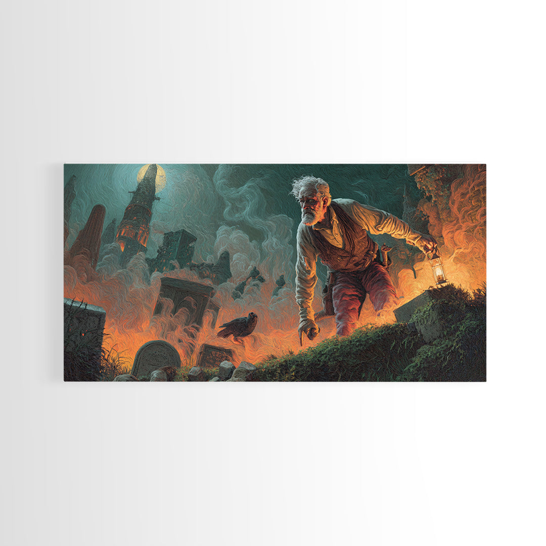 The Lantern Gravedigger, Apocalyptic Romantic Art, Wide Panoramic Art, Gothic Horror Wall Art, Canvas Print, Halloween Wall Art