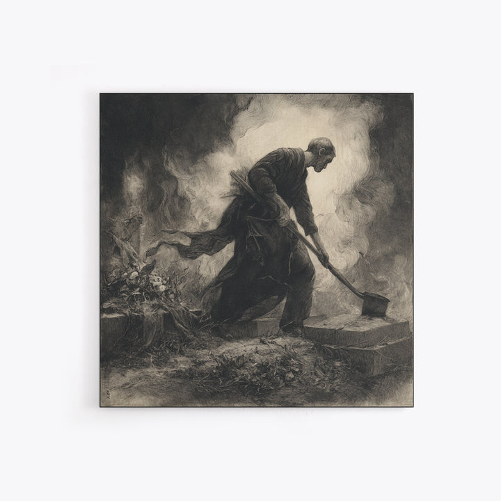 The Lantern Gravedigger, Symbolist Dream Art, Square Wall Art, Macabre Wall Art, Canvas Print, Halloween Wall Art, Seasonal Home Decor