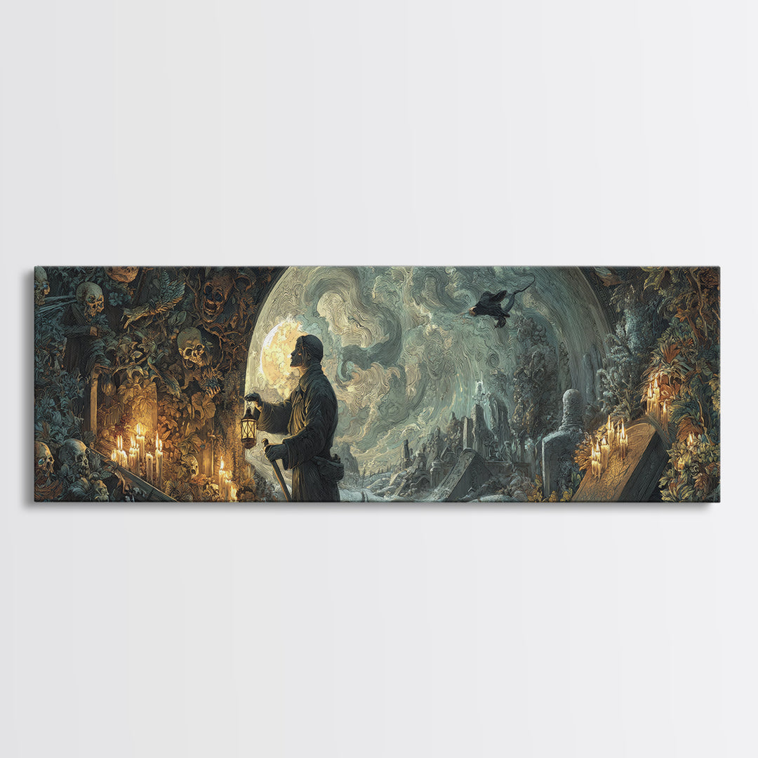 The Lantern Gravedigger, Ornate Symbolist Art, Extra Wide Wall Art, Gothic Horror Wall Art, Framed Canvas Print, Halloween Wall Art