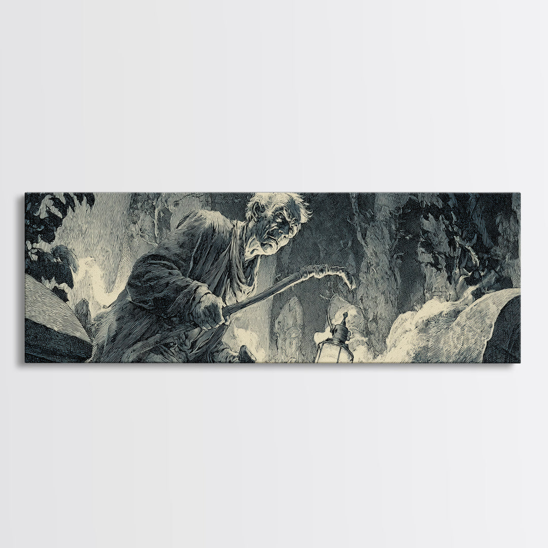 The Lantern Gravedigger, Decadent Gothic Art, Extra Wide Wall Art, Dark Halloween Decor, Framed Canvas Print, Halloween Wall Art