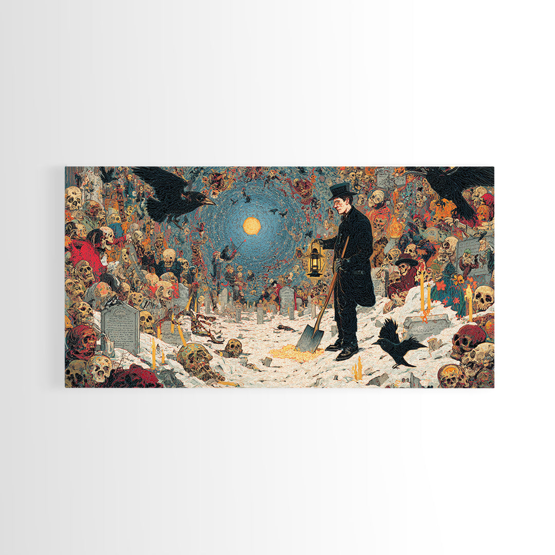 The Lantern Gravedigger, Grotesque Carnival Art, Wide Panoramic Art, Dark Fantasy Wall Art, Canvas Print, Halloween Wall Art
