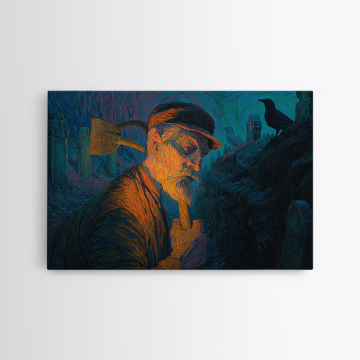 The Lantern Gravedigger, Expressionist Gothic Art, Landscape Wall Art, Macabre Wall Art, Canvas Print, Halloween Wall Art, Halloween Decor