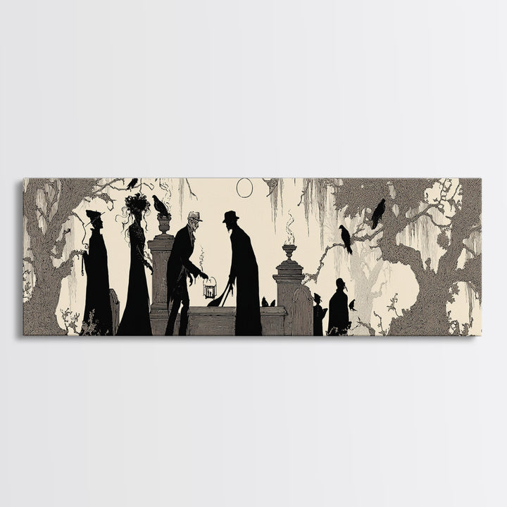 The Lantern Gravedigger, Decadent Line Art, Extra Wide Wall Art, Macabre Wall Art, Canvas Print, Halloween Wall Art
