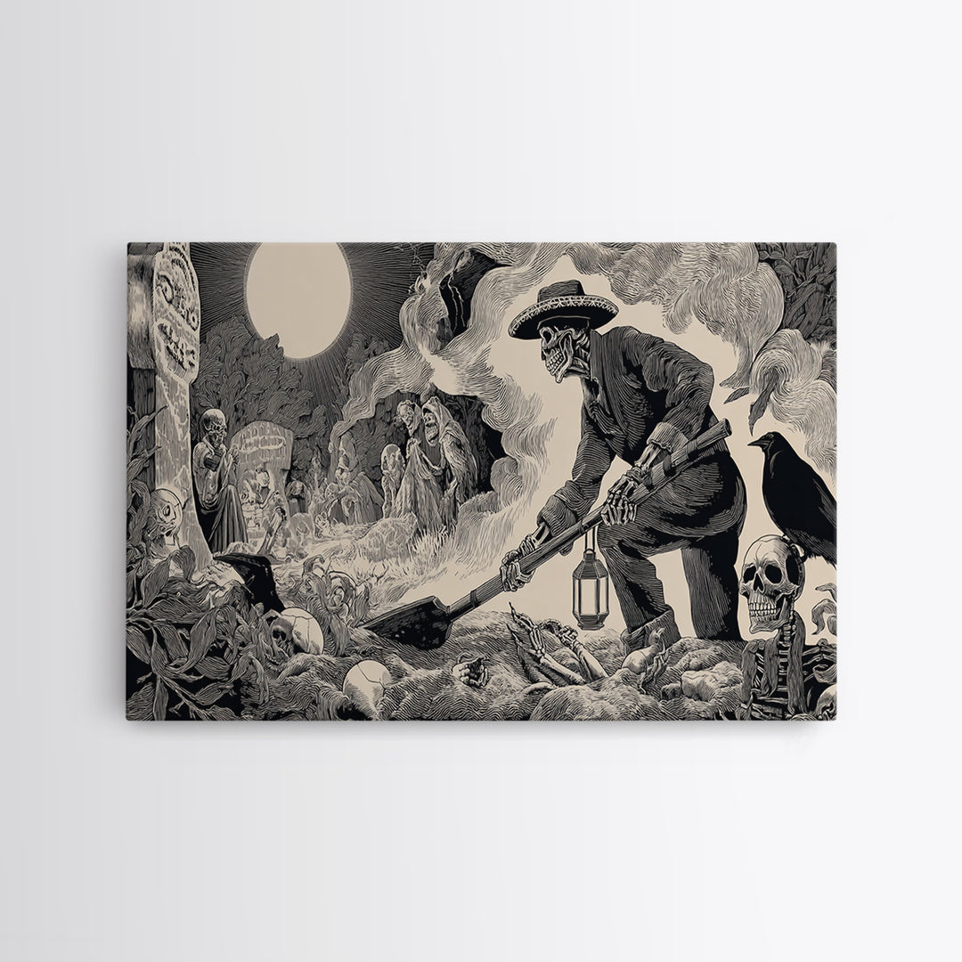 The Lantern Gravedigger, Macabre Folk Print Art, Wide Panoramic Art, Macabre Wall Art, Canvas Print, Halloween Wall Art