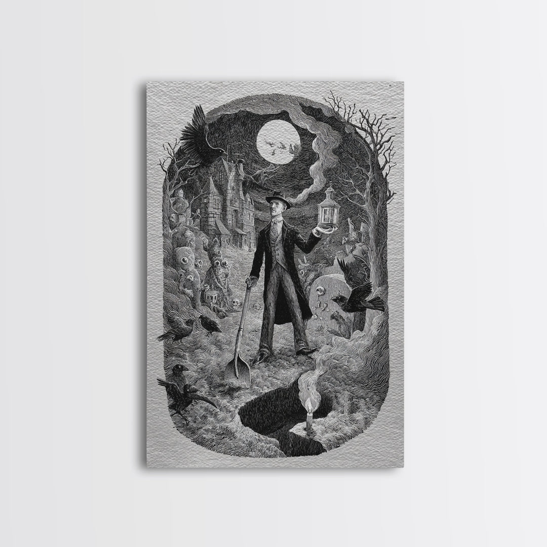 The Lantern Gravedigger, Victorian Macabre Art, Vertical Wall Art, Dark Fantasy Wall Art, Canvas Print, Halloween Wall Art
