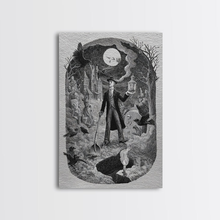 The Lantern Gravedigger, Victorian Macabre Art, Vertical Wall Art, Dark Fantasy Wall Art, Canvas Print, Halloween Wall Art
