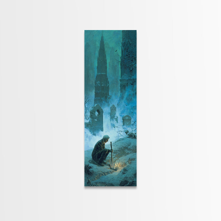 The Lantern Gravedigger, Surreal Apocalyptic Art, Tall Narrow Wall Art, Dark Halloween Decor, Framed Canvas Print, Dark Fantasy Art