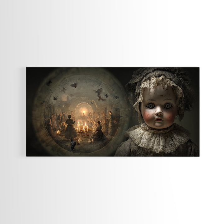 The Haunted Porcelain Doll, Northern Renaissance Horror, Wide Panoramic Art, Dark Halloween Decor, Framed Canvas Print