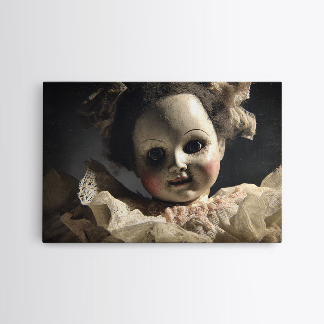 The Haunted Porcelain Doll, Dark Romantic Horror Art, Landscape Wall Art, Dark Halloween Decor, Framed Canvas Print, Halloween Wall Art