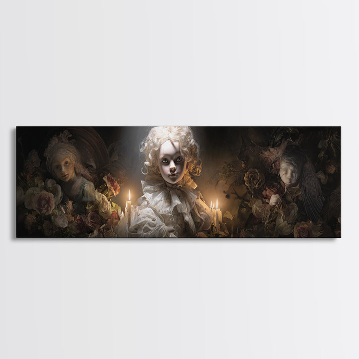 The Haunted Porcelain Doll, Gothic Nightmare Art, Extra Wide Wall Art, Dark Halloween Decor, Framed Canvas Print, Halloween Wall Art