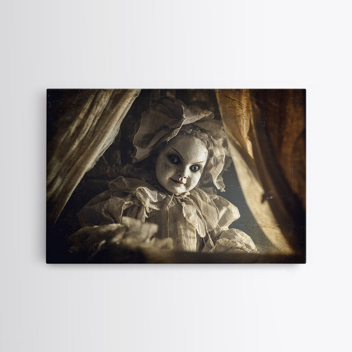 The Haunted Porcelain Doll, Architectural Etching Art, Landscape Wall Art, Dark Halloween Decor, Framed Canvas Print