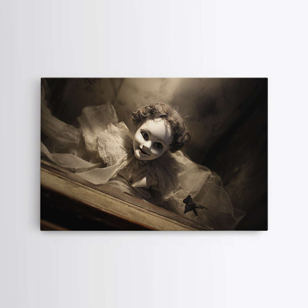 The Haunted Porcelain Doll, Dark Symbolist Art, Landscape Wall Art, Dark Fantasy Wall Art, Framed Canvas Print, Halloween Wall Art