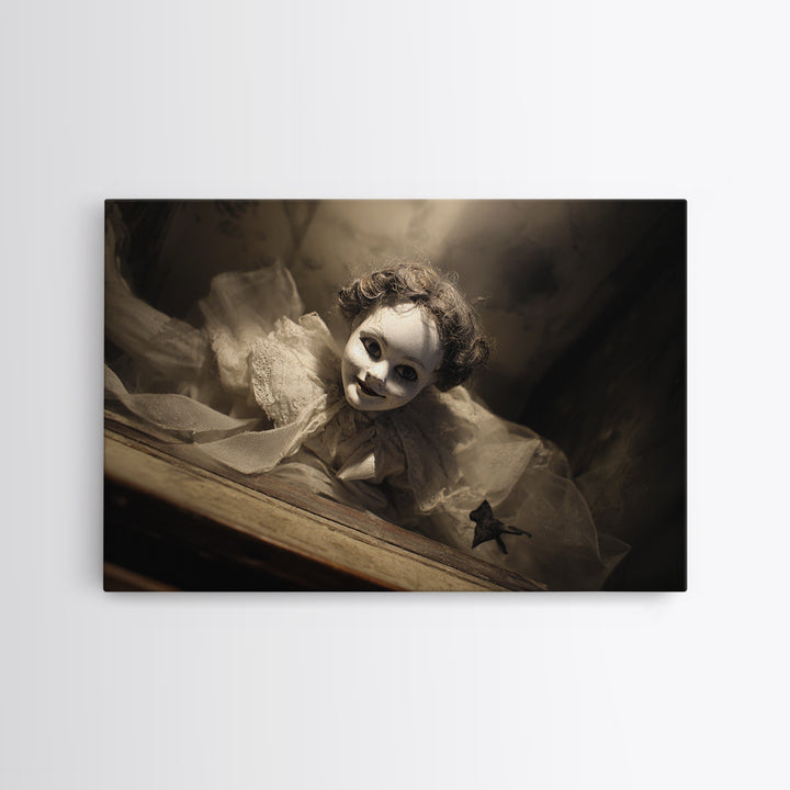 The Haunted Porcelain Doll, Dark Symbolist Art, Landscape Wall Art, Dark Fantasy Wall Art, Framed Canvas Print, Halloween Wall Art
