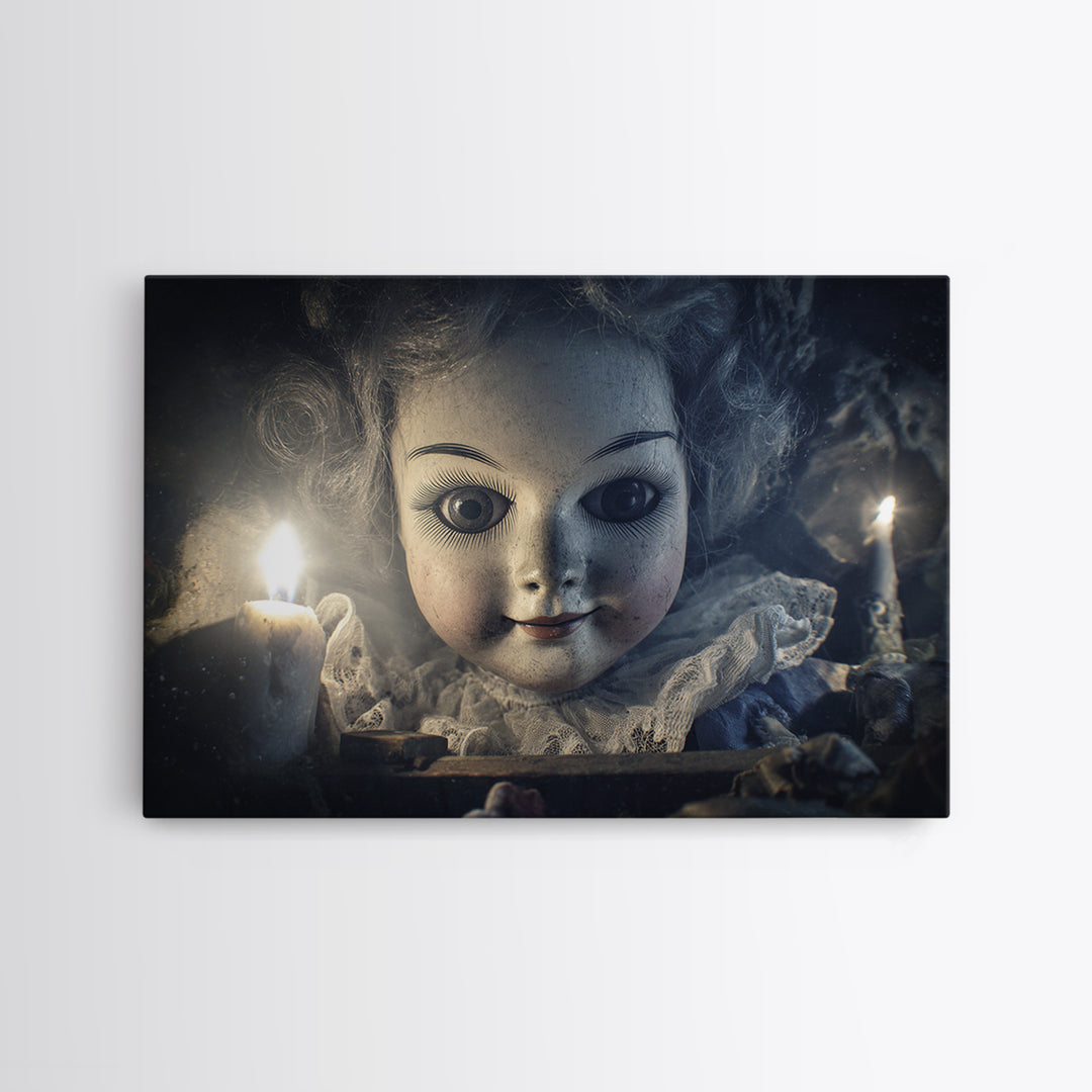 The Haunted Porcelain Doll, Symbolist Etching Art, Landscape Wall Art, Dark Halloween Decor, Canvas Print, Halloween Wall Art