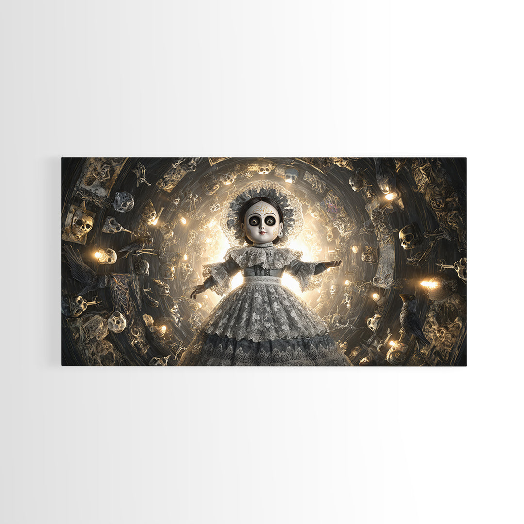 The Haunted Porcelain Doll, Macabre Folk Print Art, Wide Panoramic Art, Gothic Horror Wall Art, Framed Canvas Print