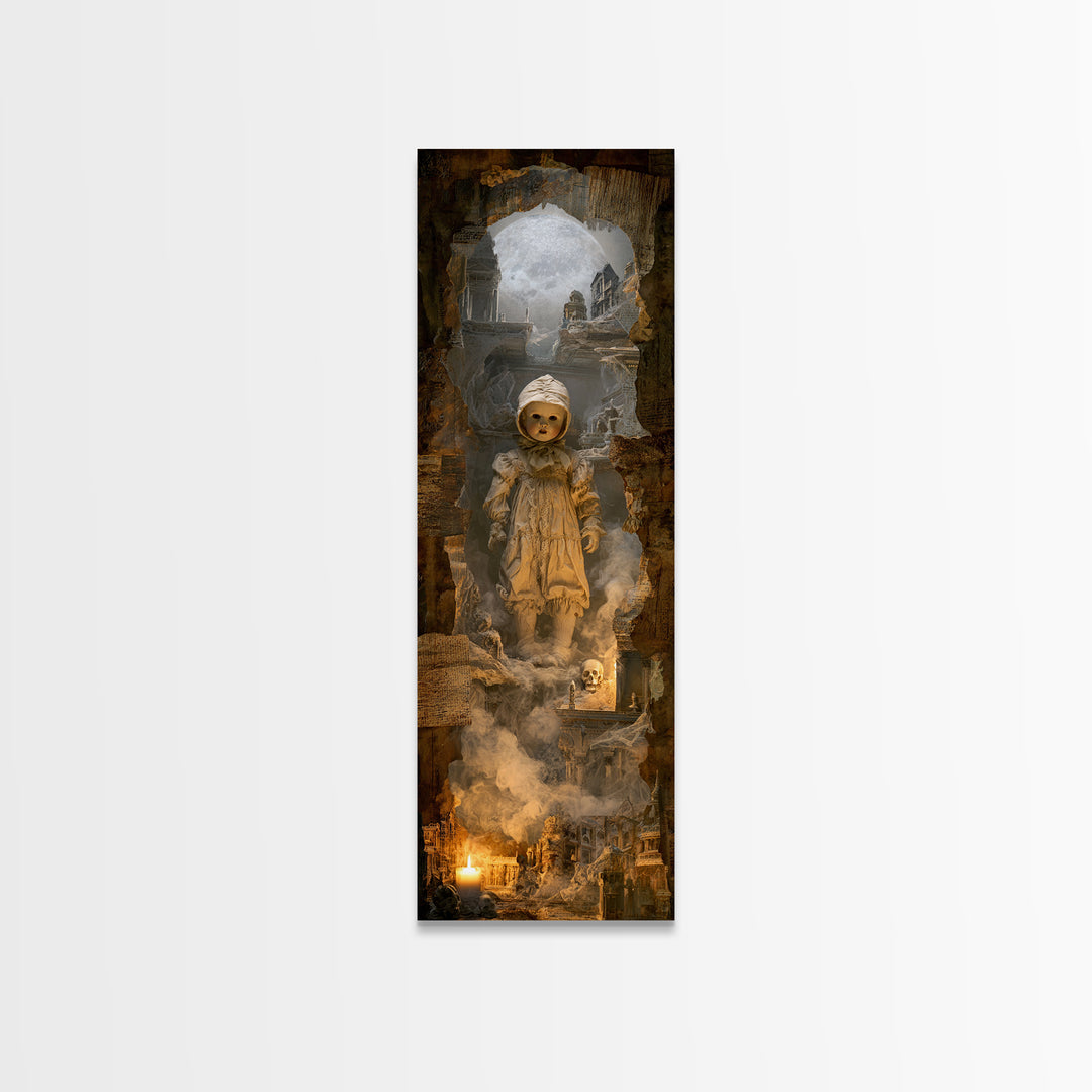 The Haunted Porcelain Doll, Surreal Apocalyptic Art, Tall Narrow Wall Art, Dark Halloween Decor, Canvas Print, Halloween Wall Art