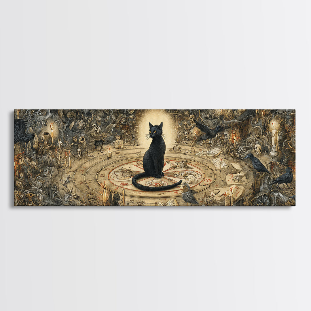The Black Cat Familiar, Medieval Grotesque Art, Extra Wide Wall Art, Dark Halloween Decor, Canvas Print, Halloween Wall Art
