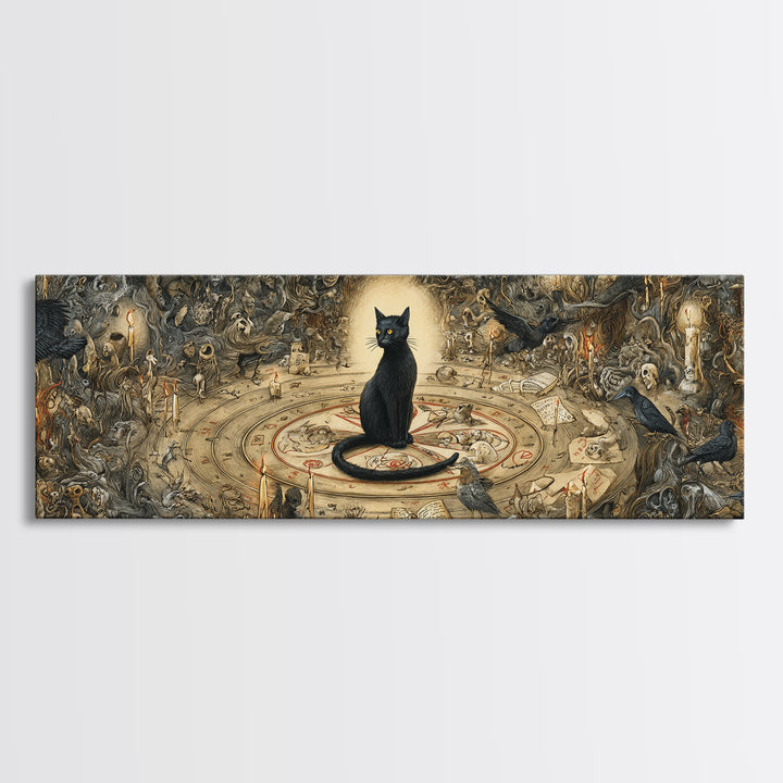 The Black Cat Familiar, Medieval Grotesque Art, Extra Wide Wall Art, Dark Halloween Decor, Canvas Print, Halloween Wall Art