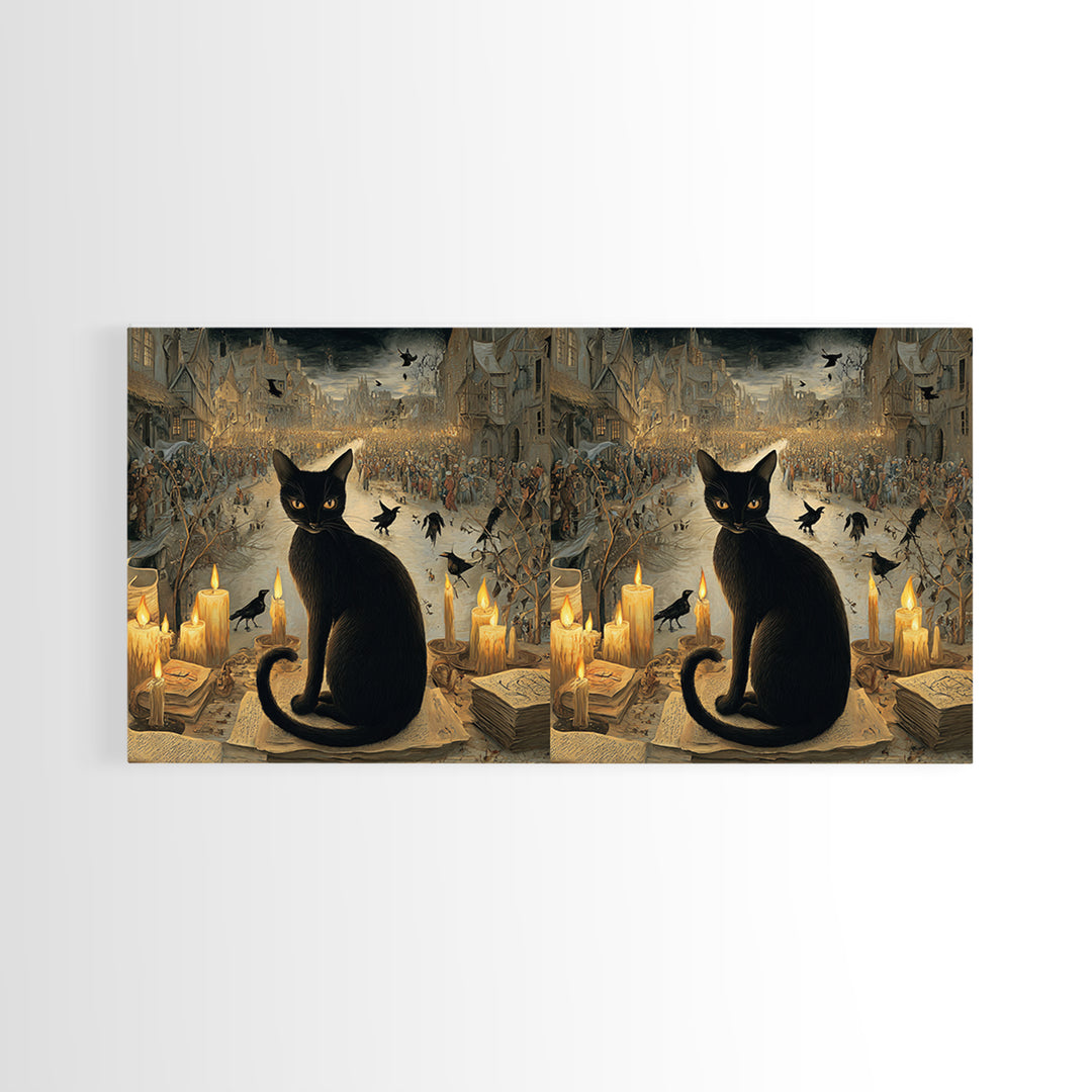 The Black Cat Familiar, Northern Renaissance Horror, Wide Panoramic Art, Dark Halloween Decor, Canvas Print, Halloween Wall Art