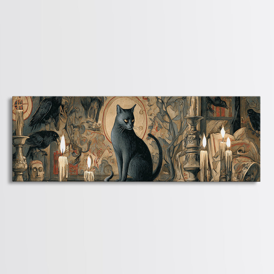 The Black Cat Familiar, Dark Renaissance Art, Extra Wide Wall Art, Dark Fantasy Wall Art, Framed Canvas Print, Halloween Wall Art